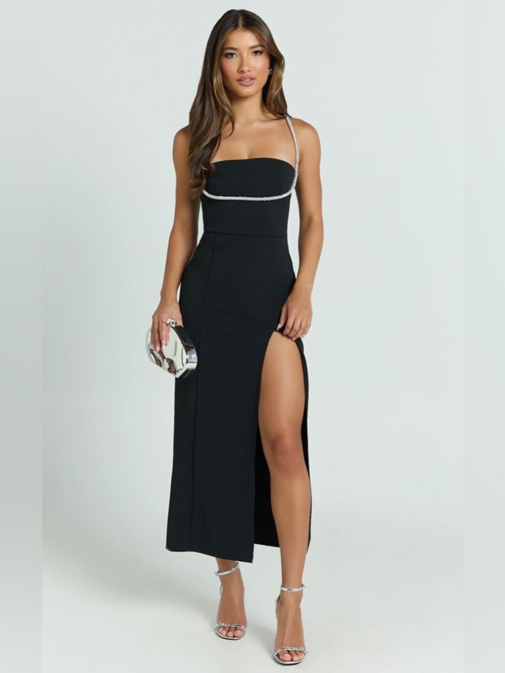 Showpo Sharley Diamante Strap Black Midi Dress Slit Cocktail Gown 8